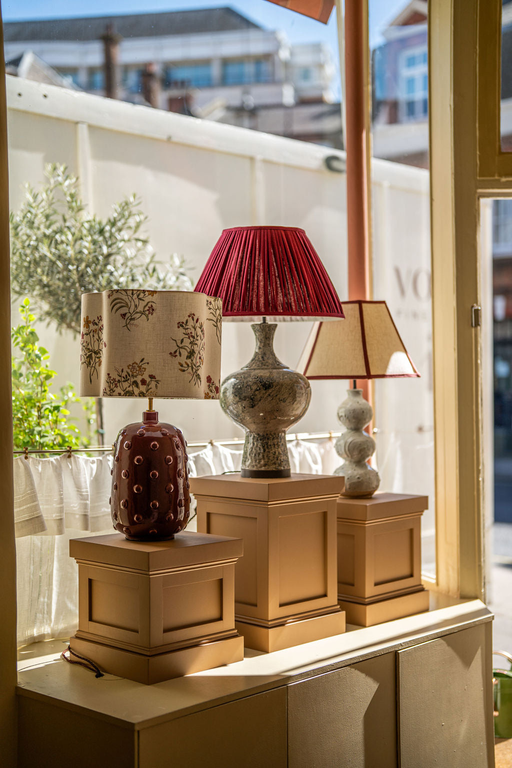 Available Now Hexagonal Lampshade in Oatmeal with Marsala Trim