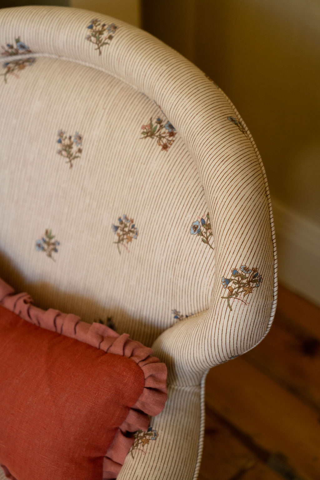 Flax & Field Posy Pinstripe Print Cushion with Chambray Blue Piping