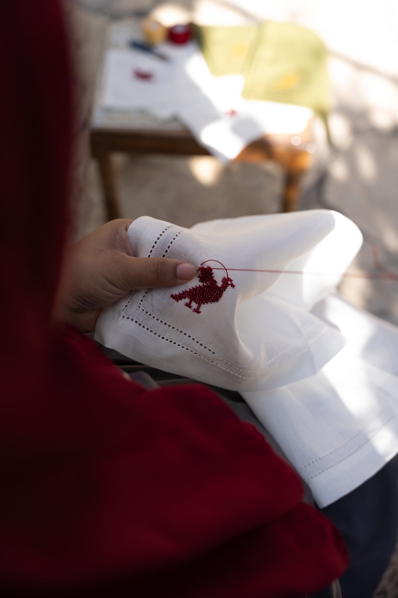 Set of 2 Double Hemstitch Edge Napkins with Palestinian Red Bird Hand Embroidery
