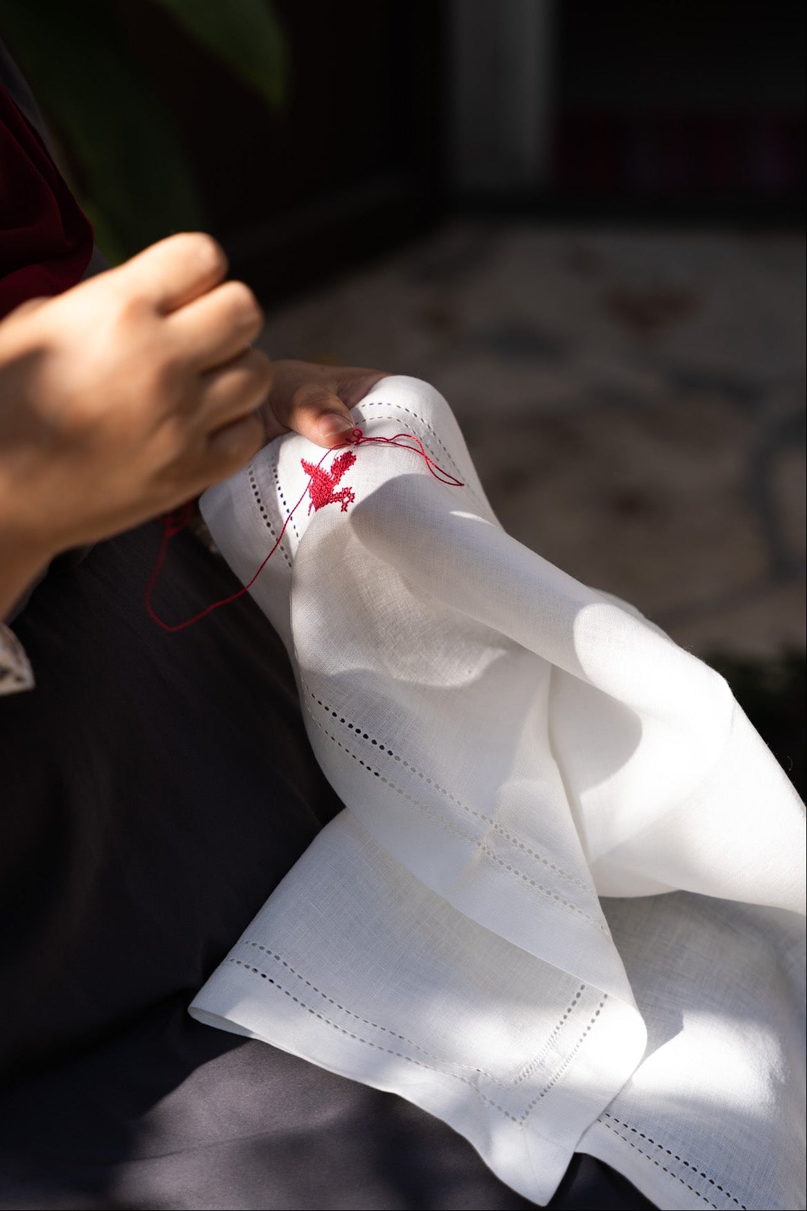 Set of 2 Double Hemstitch Edge Napkins with Palestinian Red Bird Hand Embroidery