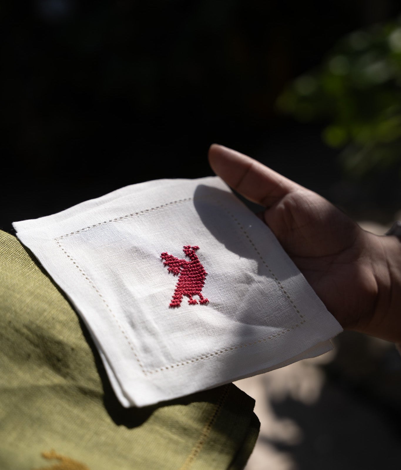 Cocktail Napkin Hemstitch with Palestinian Red Bird Hand Embroidery