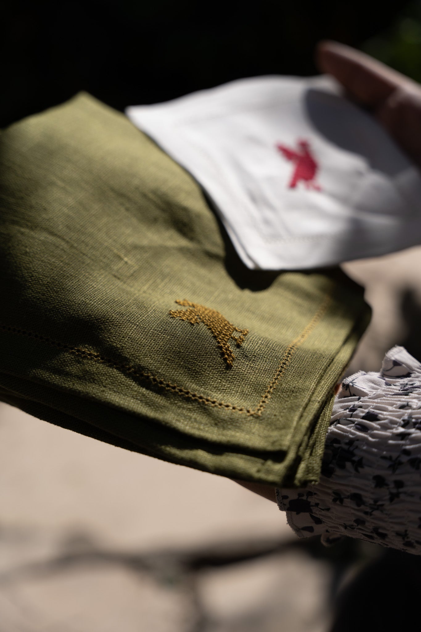 Set of 2 Fern Green Napkins with Ochre Hemstitch and Palestinian Ochre Bird Hand Embroidery
