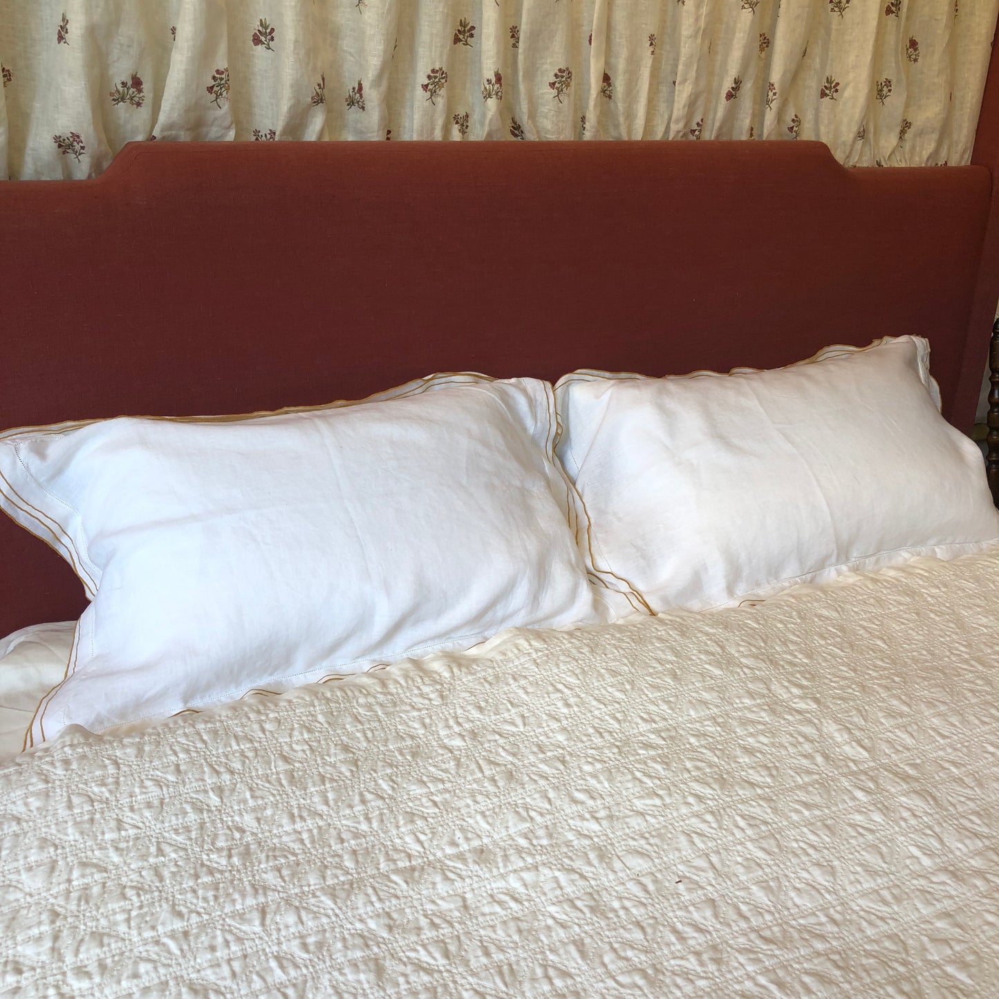Development Sample - Set of 2 Hemp Standard Rectangle Pillowcases With Old Gold Border & Ivory White Hemstitch