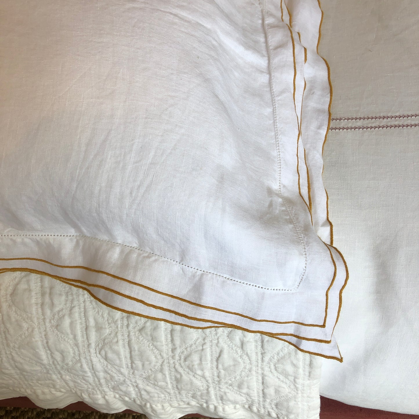 Development Sample - Set of 2 Hemp Standard Rectangle Pillowcases With Old Gold Border & Ivory White Hemstitch