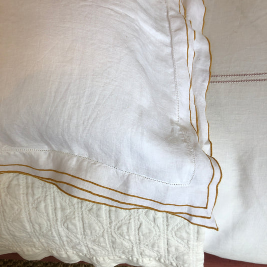 Development Sample - Set of 2 Hemp Standard Rectangle Pillowcases With Old Gold Border & Ivory White Hemstitch