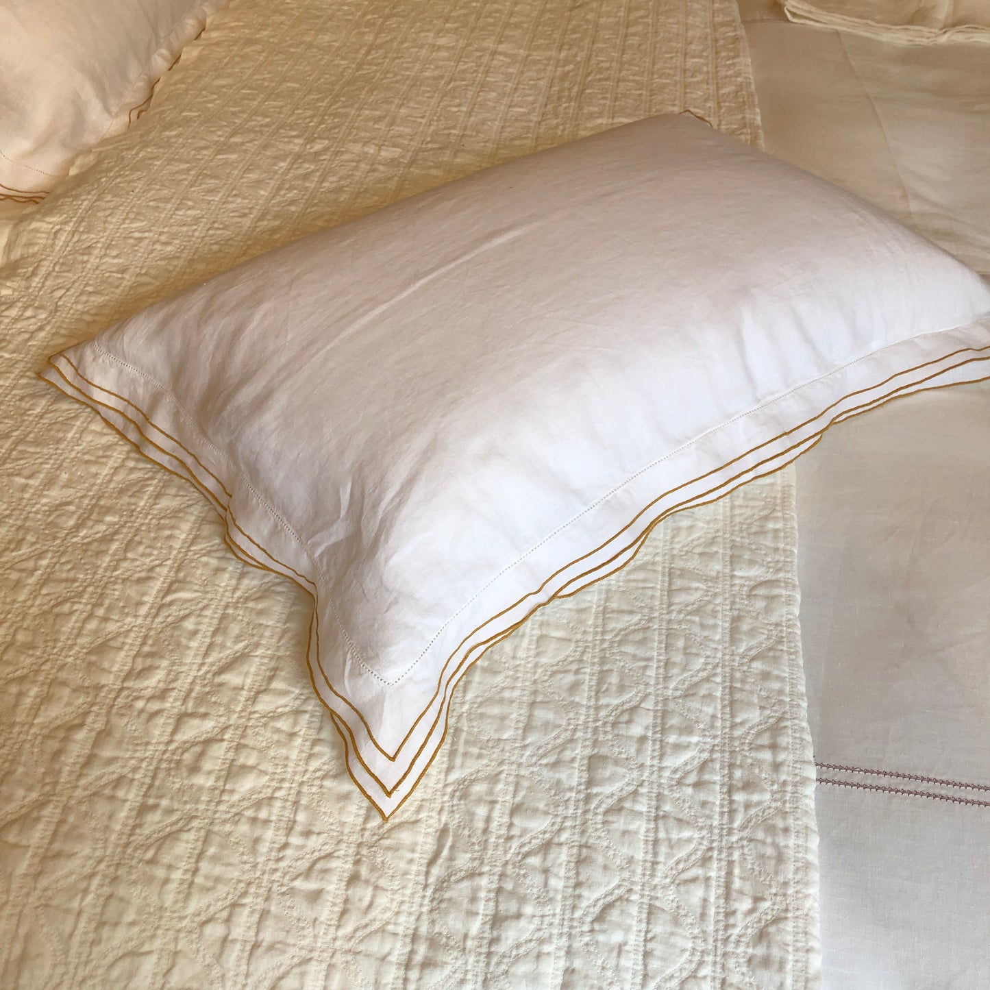 Development Sample - Set of 2 Hemp Standard Rectangle Pillowcases With Old Gold Border & Ivory White Hemstitch