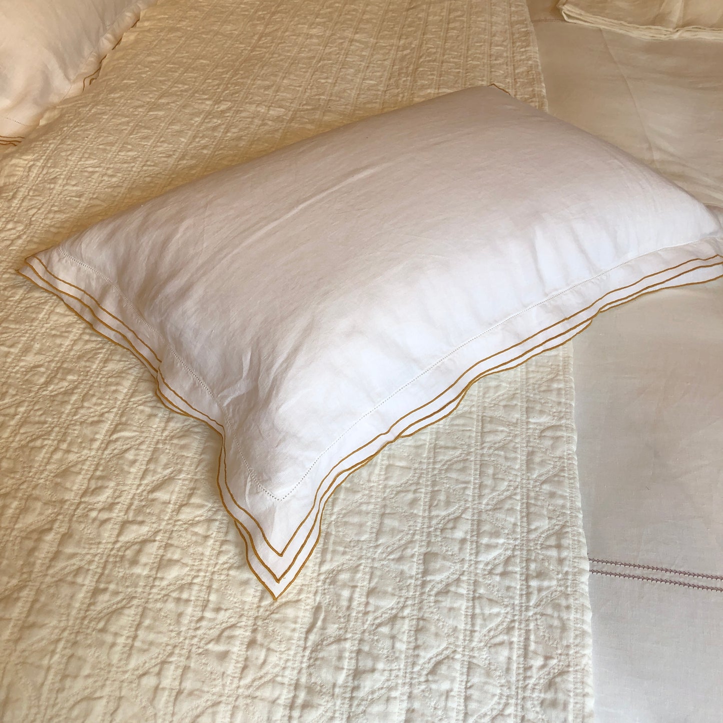 Development Sample - Set of 2 Hemp Standard Rectangle Pillowcases With Old Gold Border & Ivory White Hemstitch