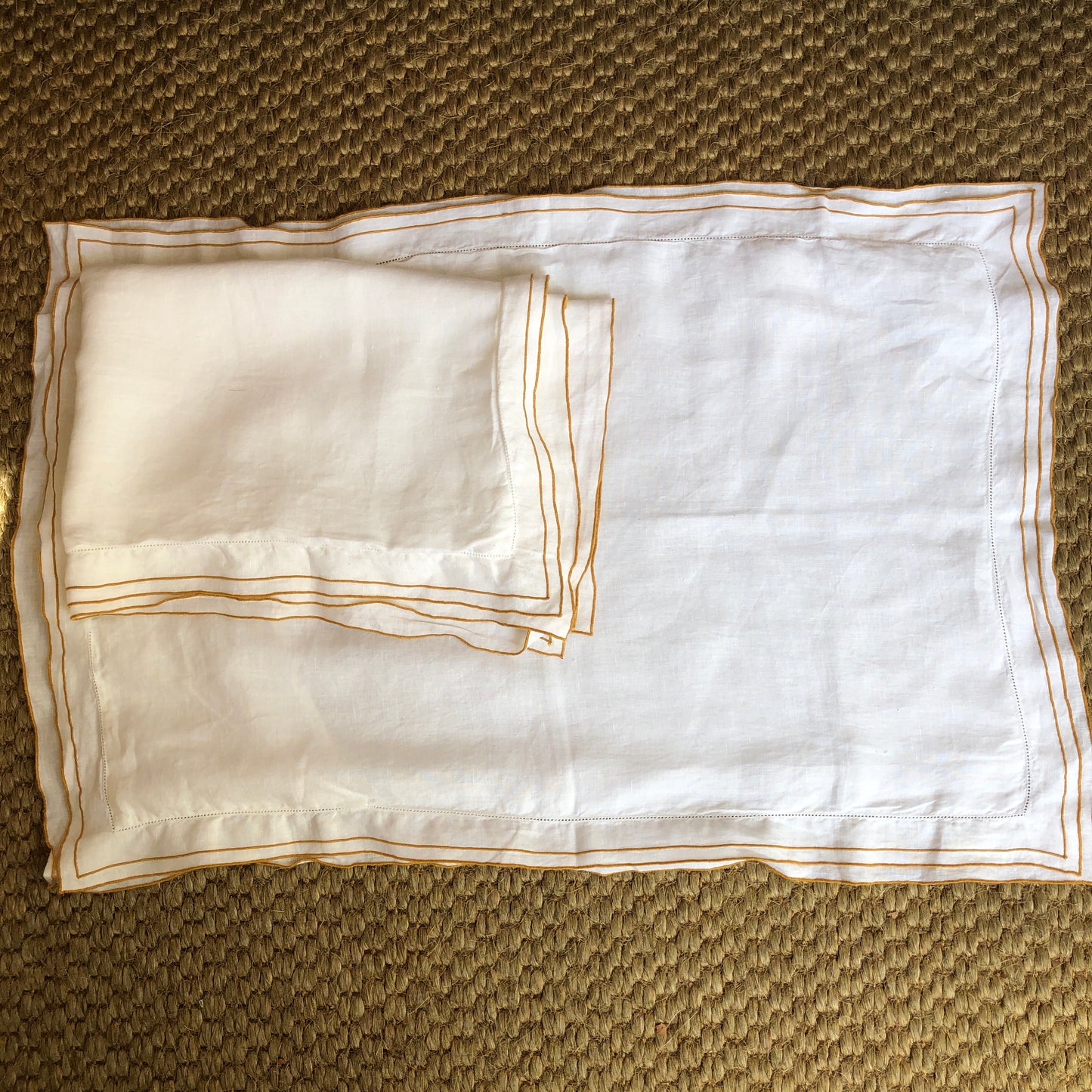 Development Sample - Set of 2 Hemp Standard Rectangle Pillowcases With Old Gold Border & Ivory White Hemstitch