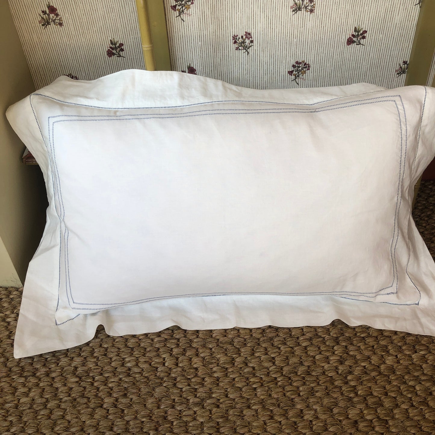 Development Sample - Standard Rectangle Hemstitch Pillowcase With Blue Hemstitch Cotton/Linen blend
