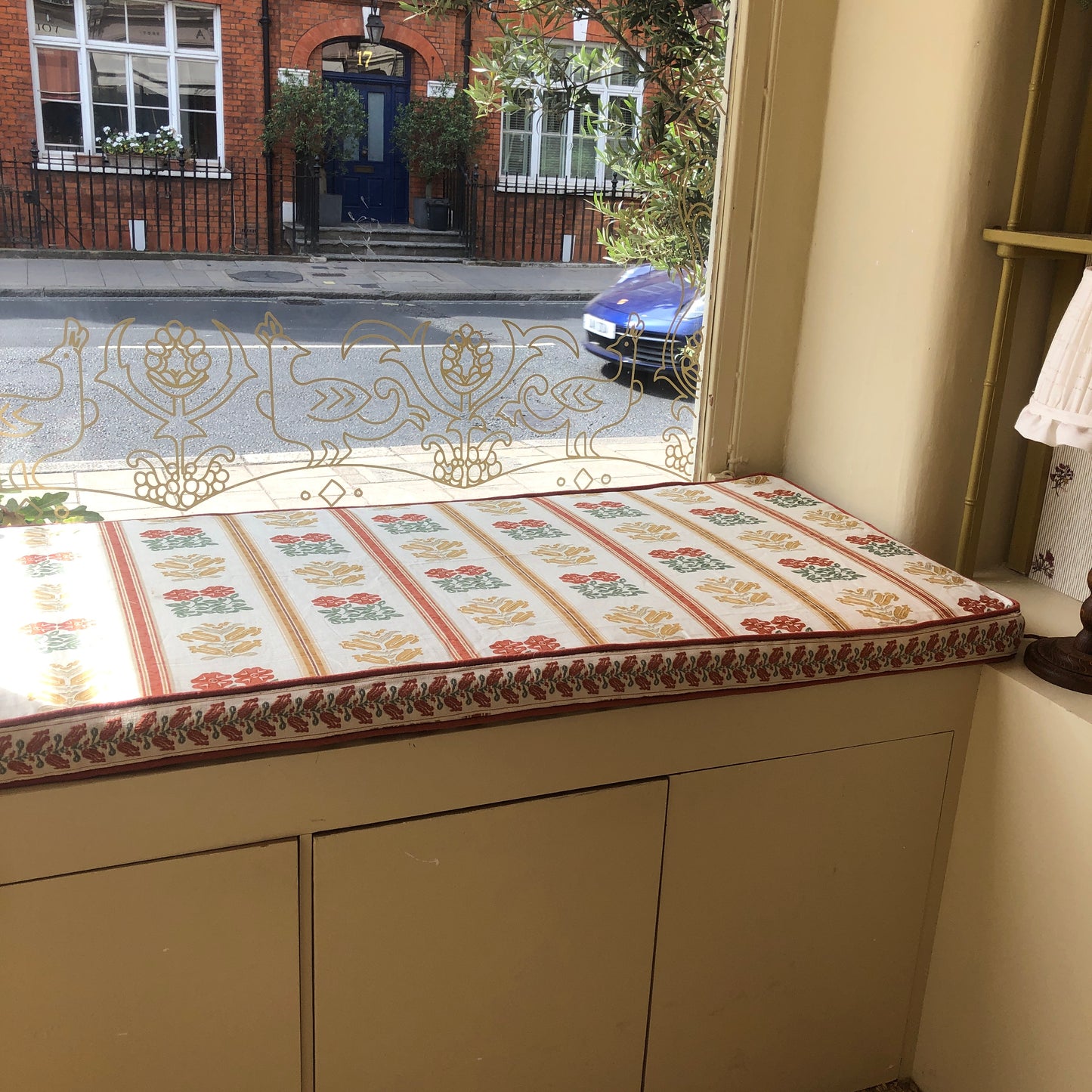 Ex Display Folkloric Floral Stripe Dual Use Printed Linen Amber Seat Bench Cushion Cover with Folkloric Floral Terracotta Braid
