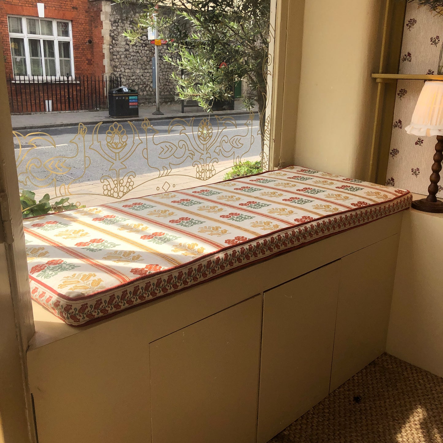 Ex Display Folkloric Floral Stripe Dual Use Printed Linen Amber Seat Bench Cushion Cover with Folkloric Floral Terracotta Braid
