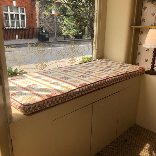 Ex Display Folkloric Floral Stripe Dual Use Printed Linen Amber Seat Bench Cushion Cover with Folkloric Floral Terracotta Braid