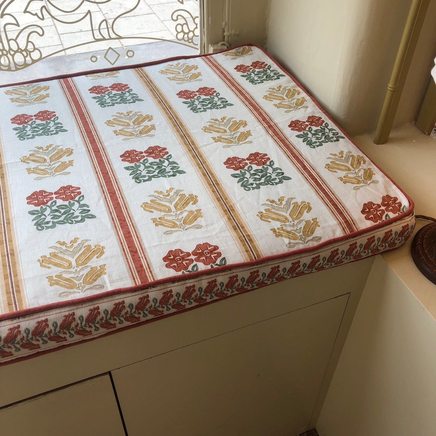 Ex Display Folkloric Floral Stripe Dual Use Printed Linen Amber Seat Bench Cushion Cover with Folkloric Floral Terracotta Braid