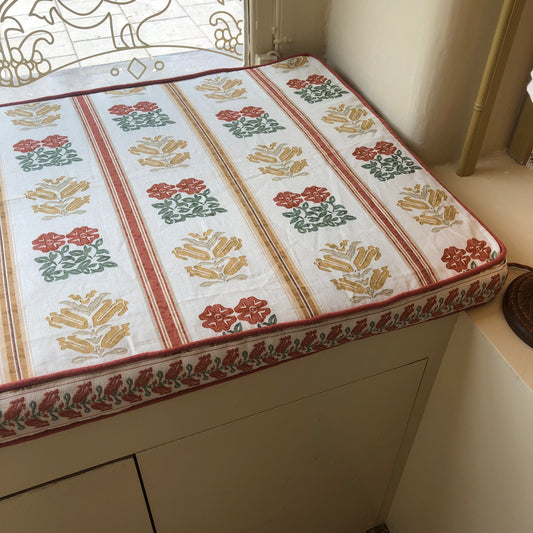 Ex Display Folkloric Floral Stripe Dual Use Printed Linen Amber Seat Bench Cushion Cover with Folkloric Floral Terracotta Braid