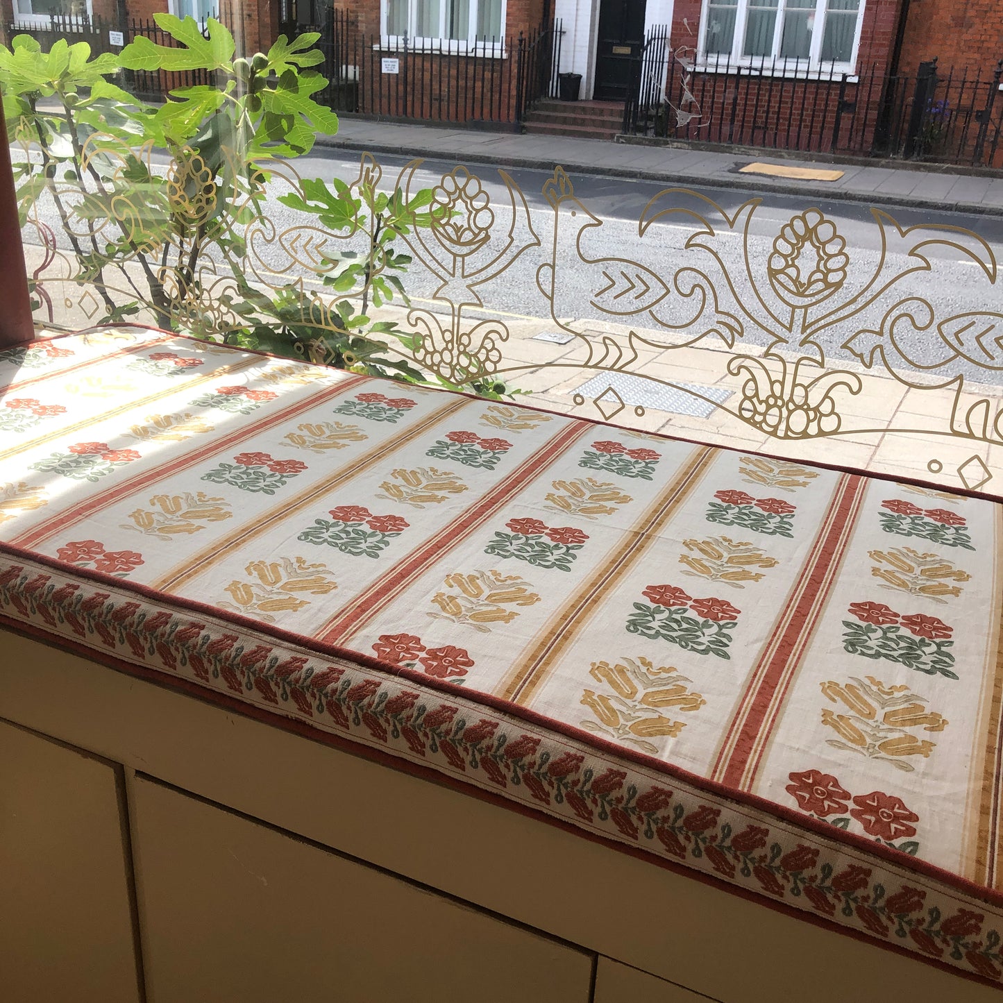 Ex Display Folkloric Floral Stripe Dual Use Printed Linen Amber Seat Bench Cushion Cover with Folkloric Floral Terracotta Braid