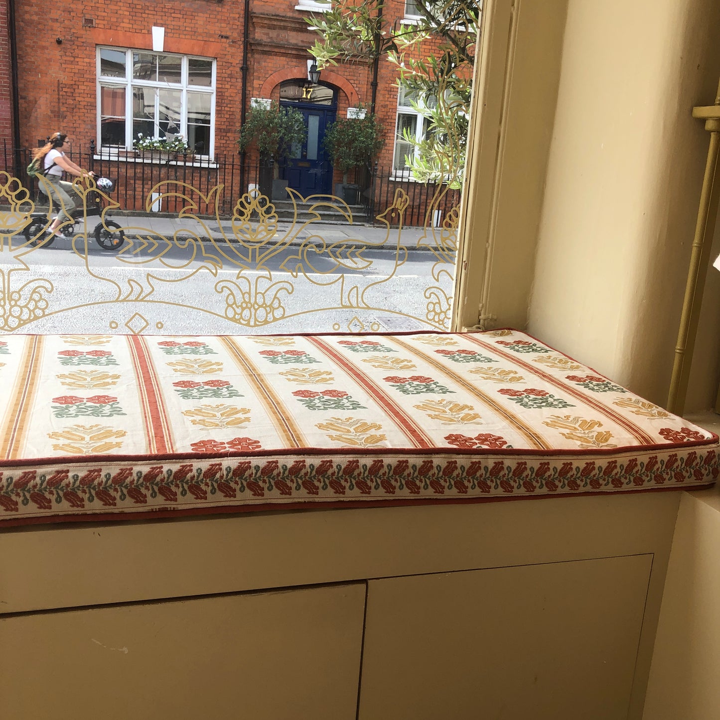 Ex Display Folkloric Floral Stripe Dual Use Printed Linen Amber Seat Bench Cushion Cover with Folkloric Floral Terracotta Braid