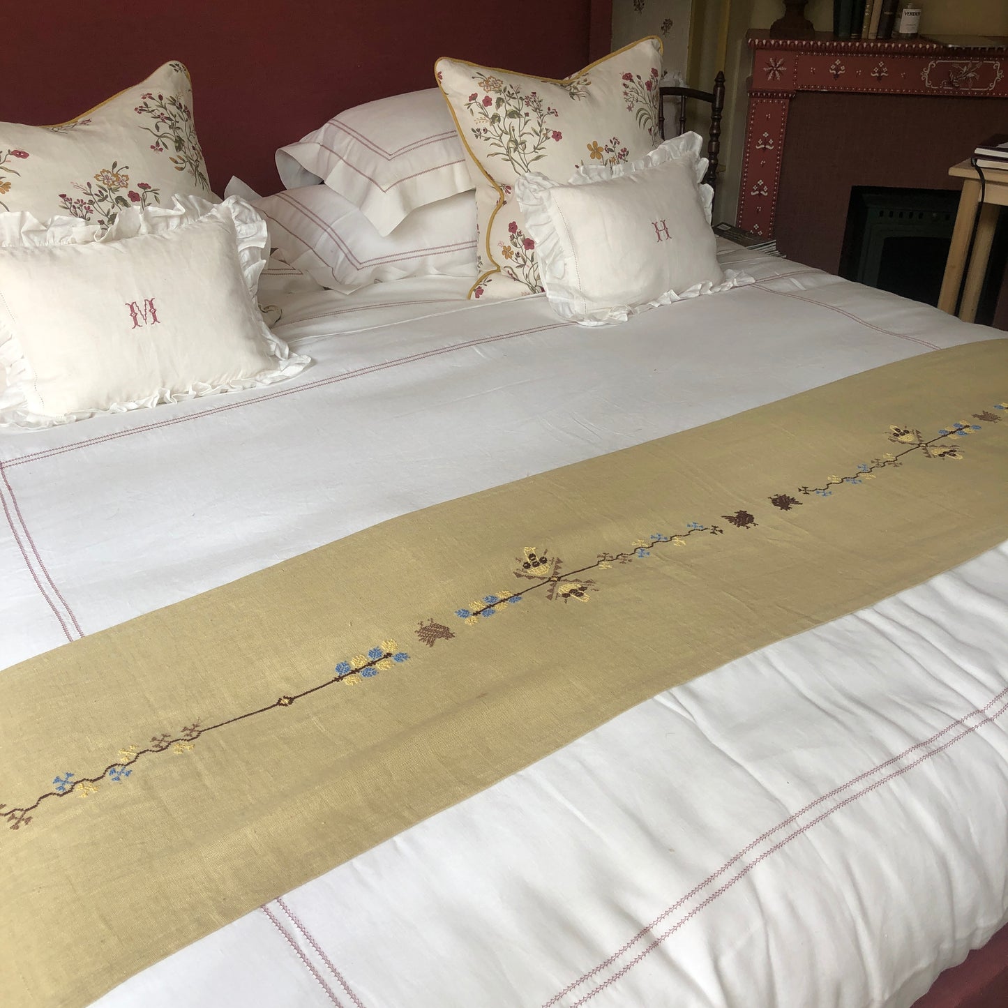 Ex Display Pale Gold Table Runner with Palestinian Hand Embroidery