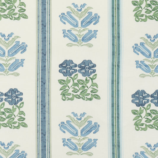 Folkloric Floral Stripe Dual Use Printed Linen Delft Blue/Oyster