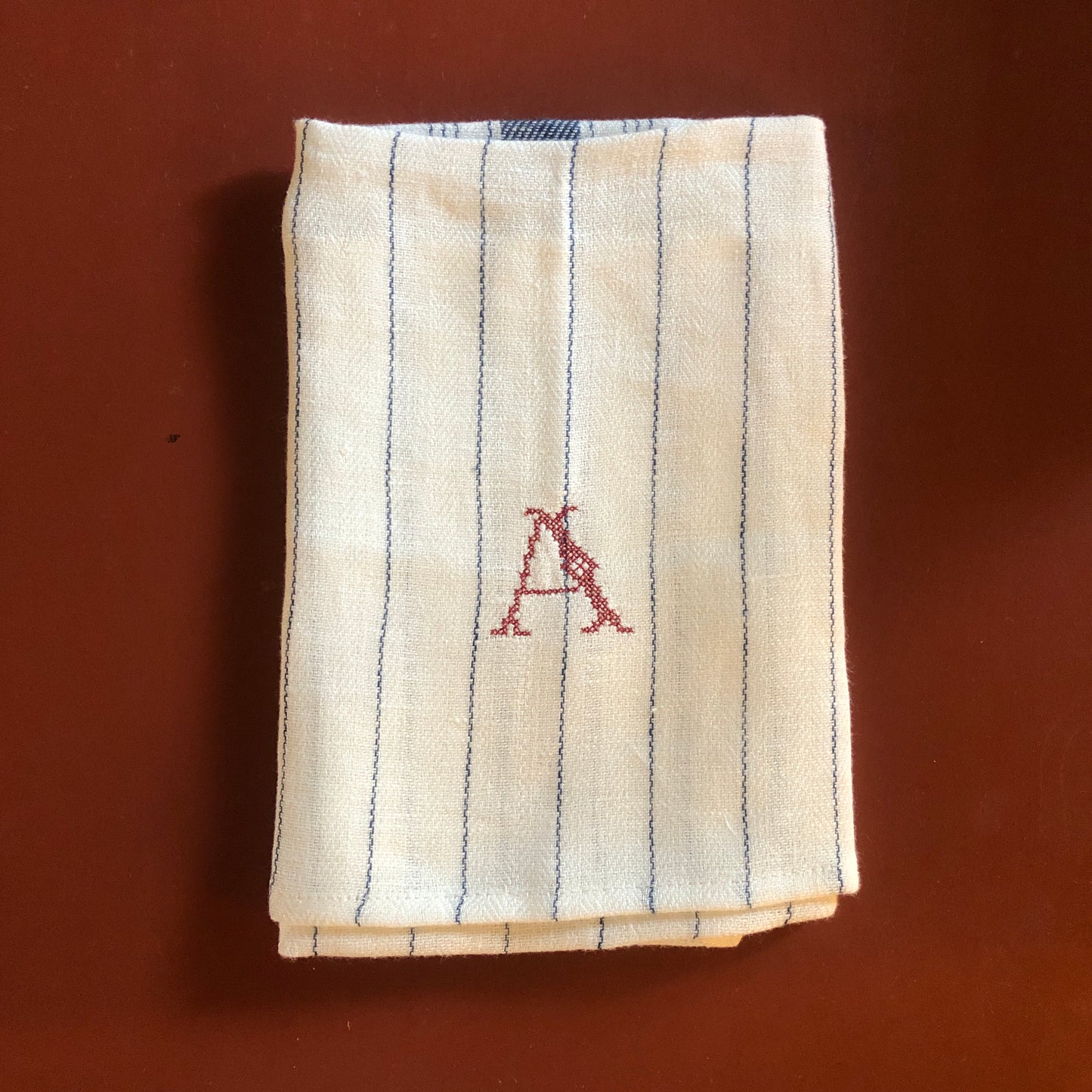 French Blue Stripe Kitchen Towel With "A" Embroidery in Volga Red Cross Stitch