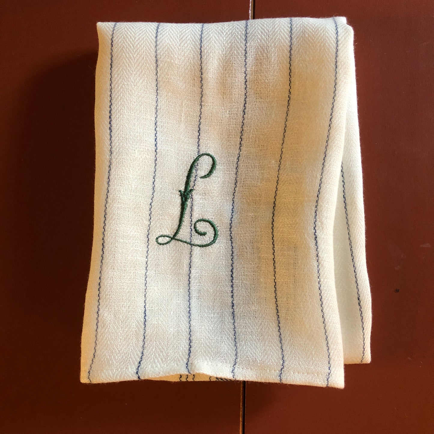 French Blue Stripe Kitchen Towel With "L" Embroidery in Botanical Green Antique French