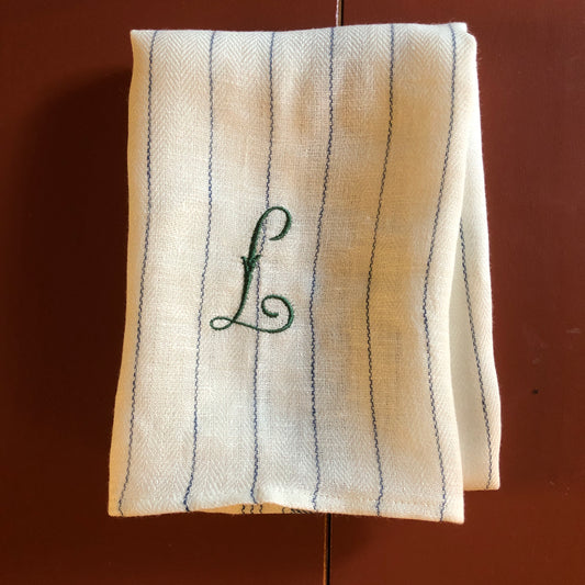French Blue Stripe Kitchen Towel With "L" Embroidery in Botanical Green Antique French