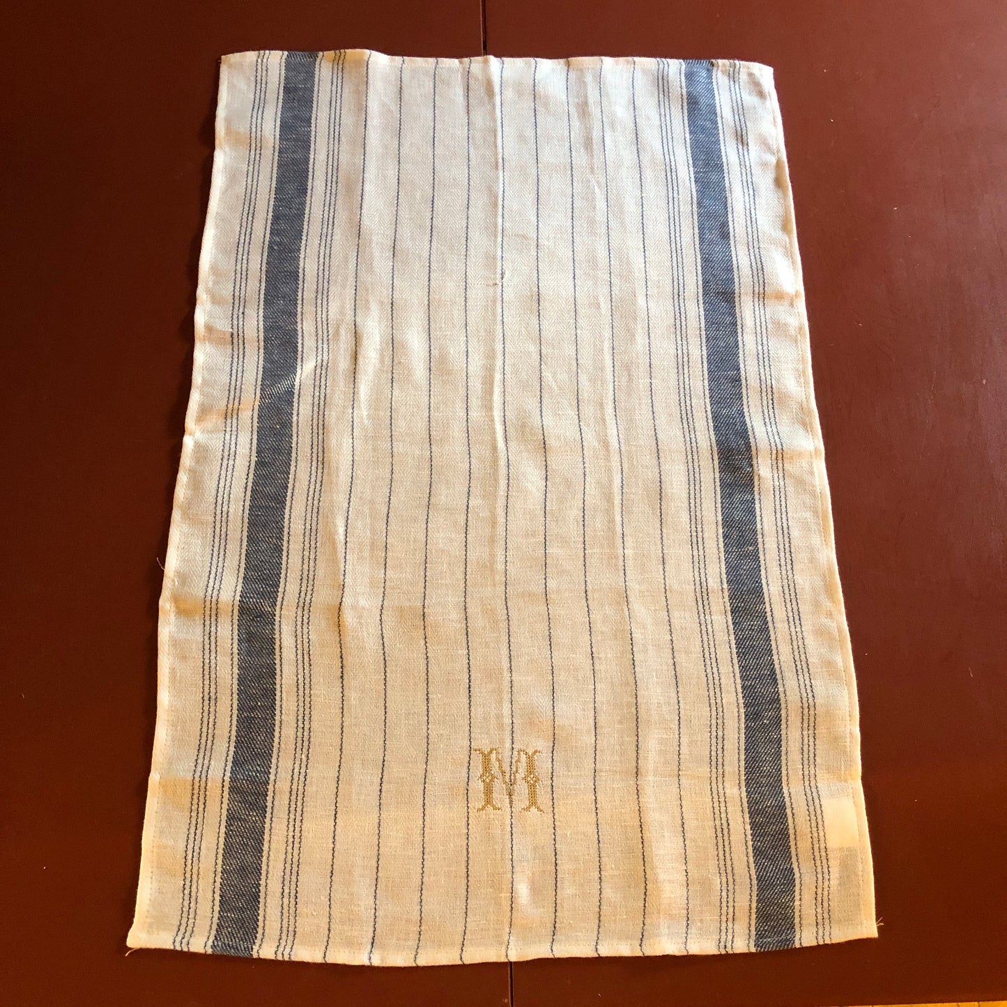 French Blue Stripe Kitchen Towel With "M" Embroidery in Antique Gold Cross Stitch