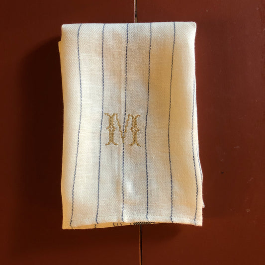 French Blue Stripe Kitchen Towel With "M" Embroidery in Antique Gold Cross Stitch
