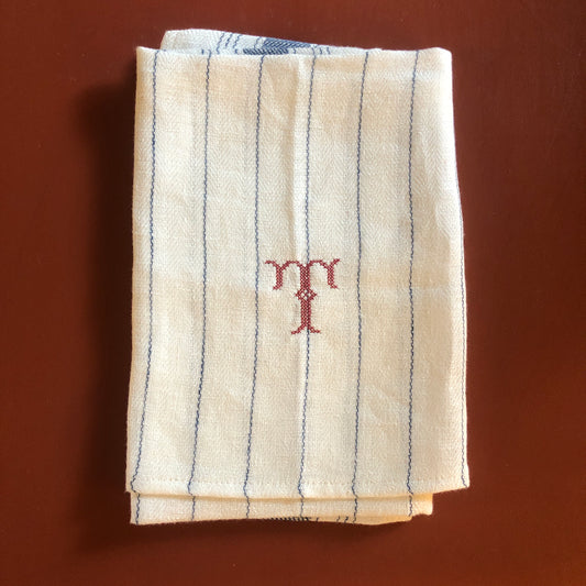 French Blue Stripe Kitchen Towel With "T" Embroidery in Volga Red Cross Stitch