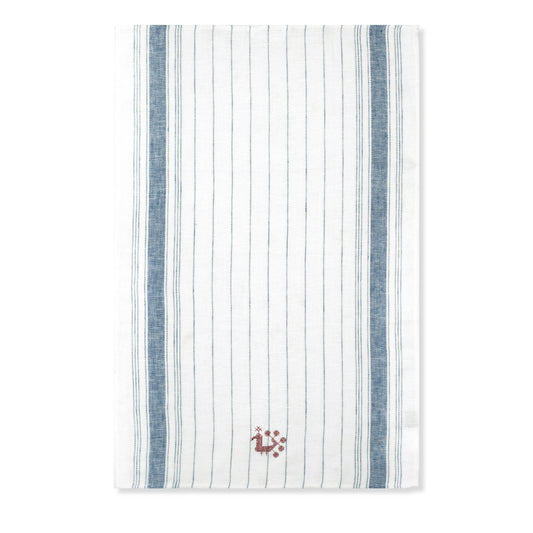 Set of 2 French Blue Stripes Kitchen Towel with Volga Cockerel in Red