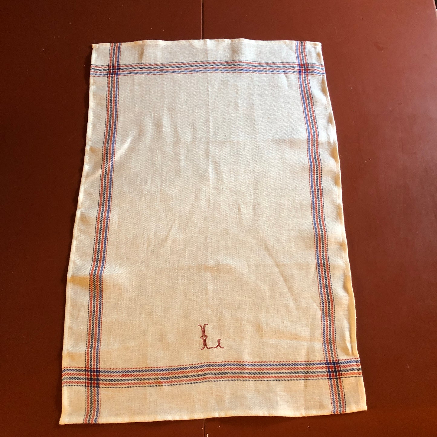 French Red & Blue Stripe Kitchen Towel With "L" Embroidery in Volga Red Cross Stitch