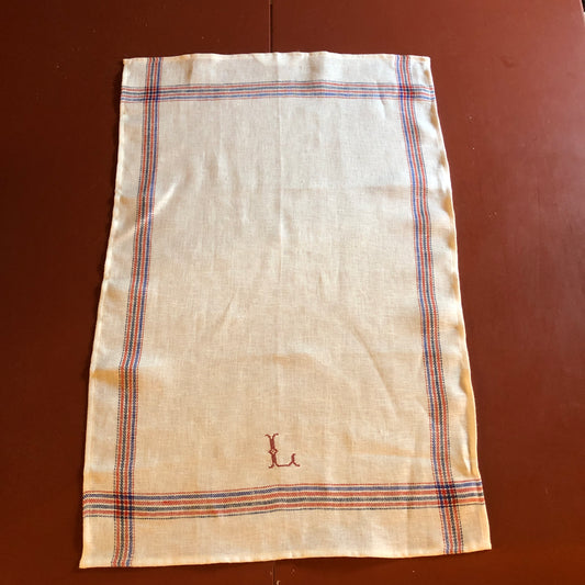 French Red & Blue Stripe Kitchen Towel With "L" Embroidery in Volga Red Cross Stitch