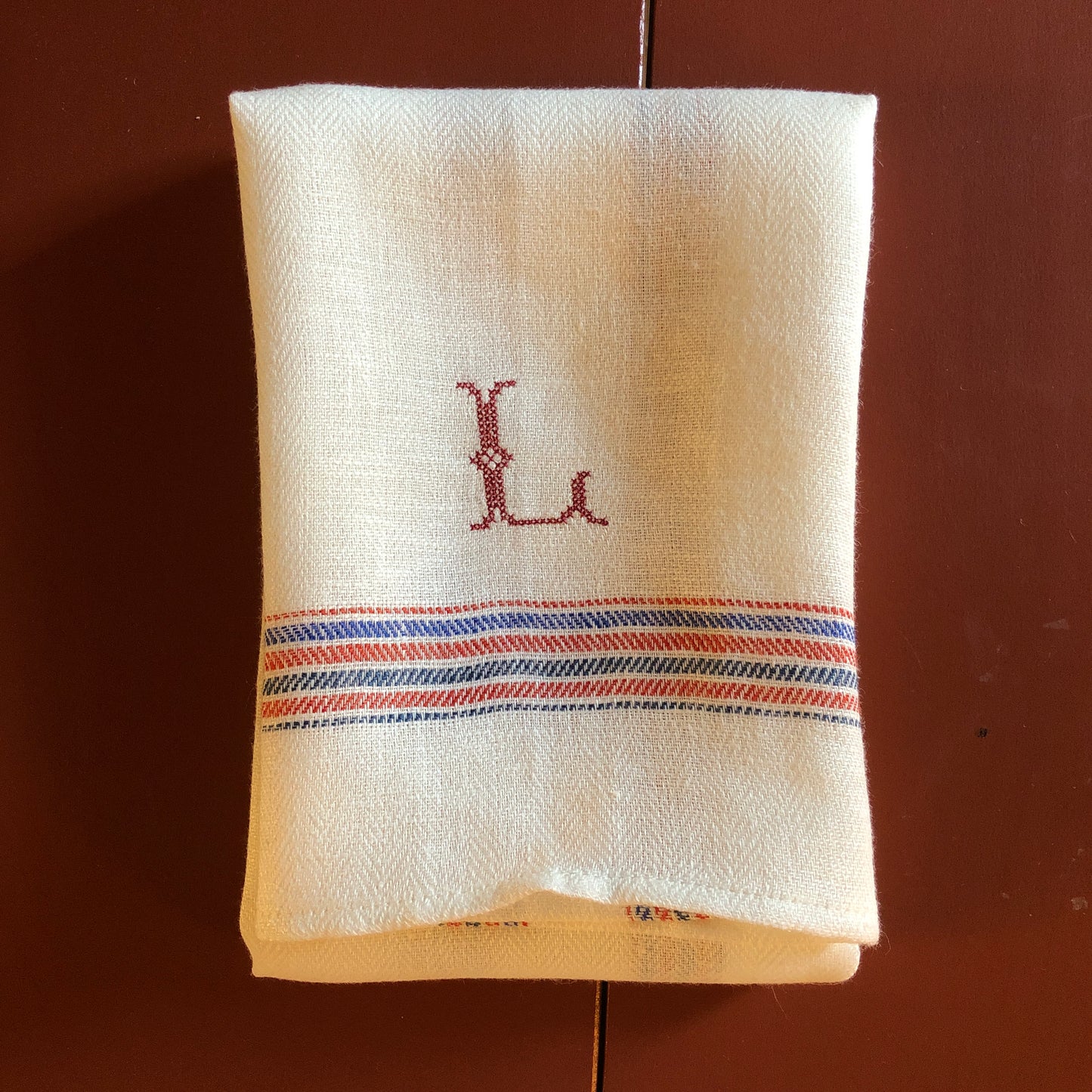 French Red & Blue Stripe Kitchen Towel With "L" Embroidery in Volga Red Cross Stitch