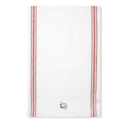 Set of 2 French Red Edge Stripes Kitchen Towel with Volga Cockerel in Green