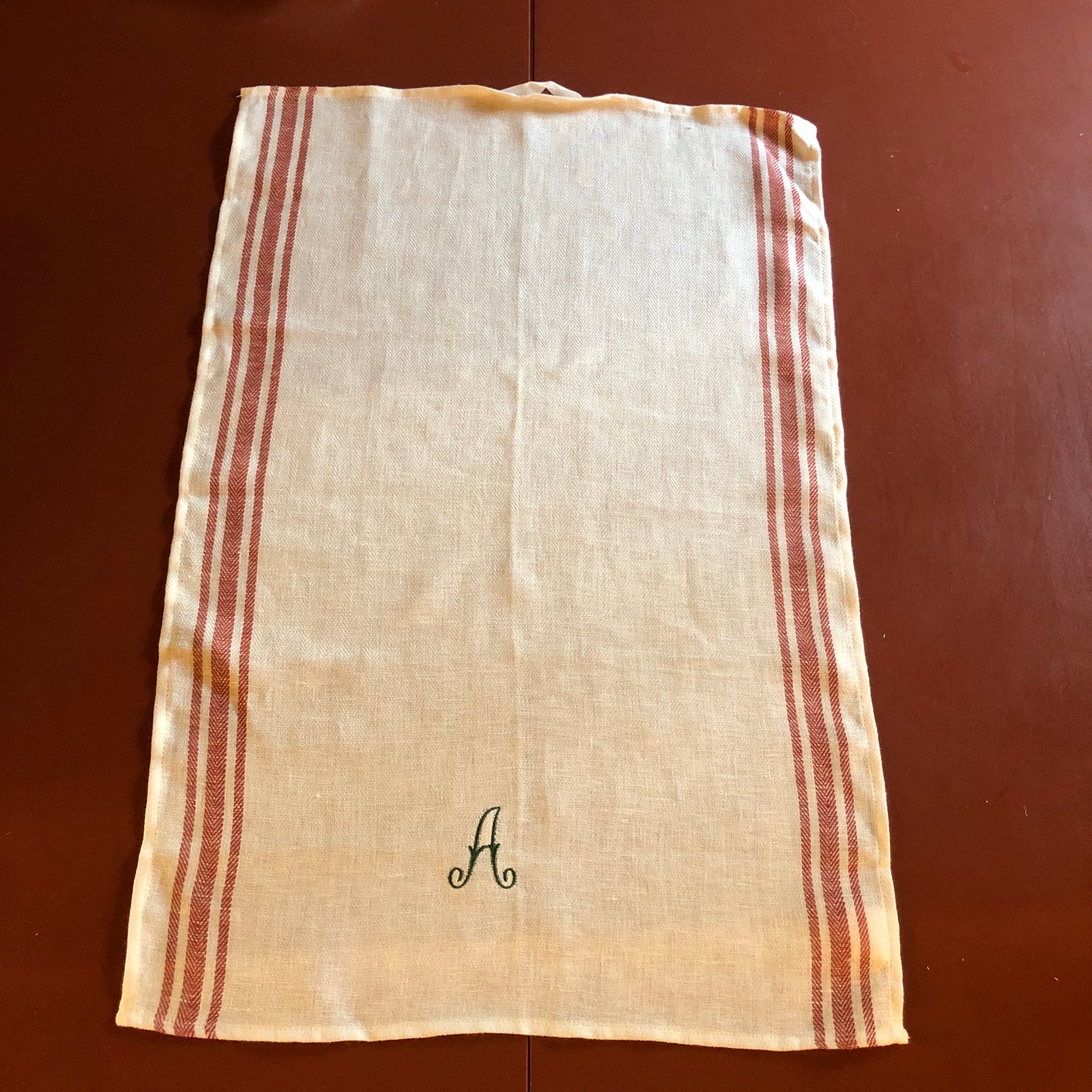 French Red Stripe Kitchen Towel With "A" Embroidery in Botanical Green Antique French