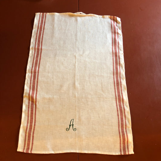 French Red Stripe Kitchen Towel With "A" Embroidery in Botanical Green Antique French