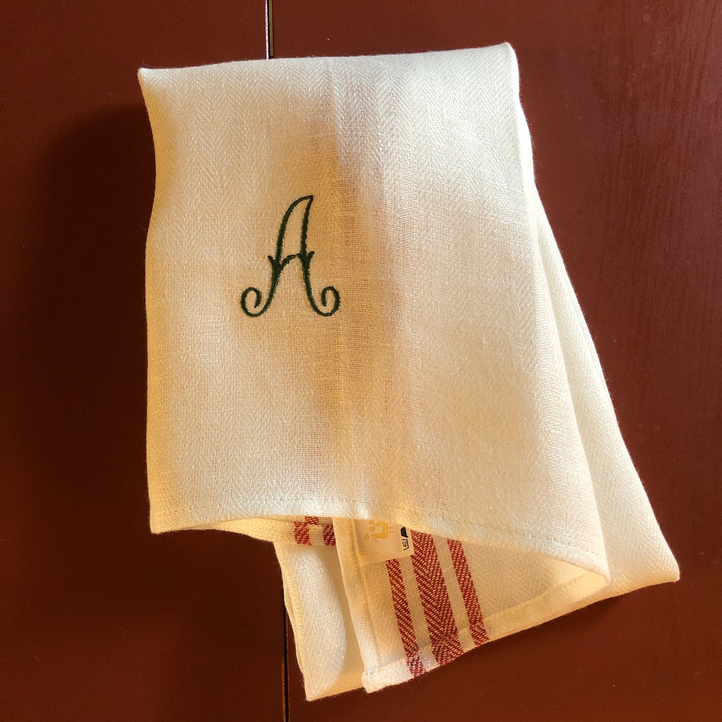 French Red Stripe Kitchen Towel With "A" Embroidery in Botanical Green Antique French