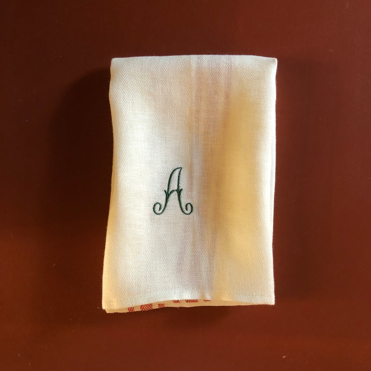 French Red Stripe Kitchen Towel With "A" Embroidery in Botanical Green Antique French