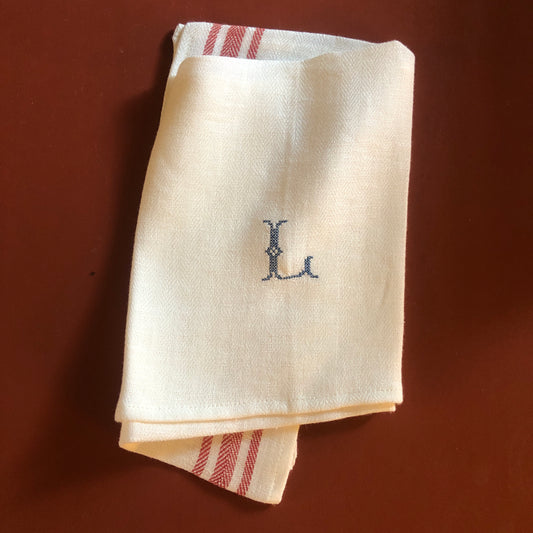 French Red Stripe Kitchen Towel With "L" Embroidery in Prussian Blue Cross Stitch
