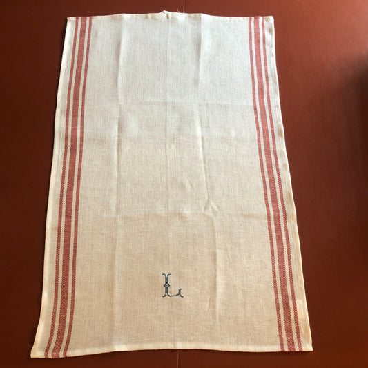 French Red Stripe Kitchen Towel With "L" Embroidery in Prussian Blue Cross Stitch