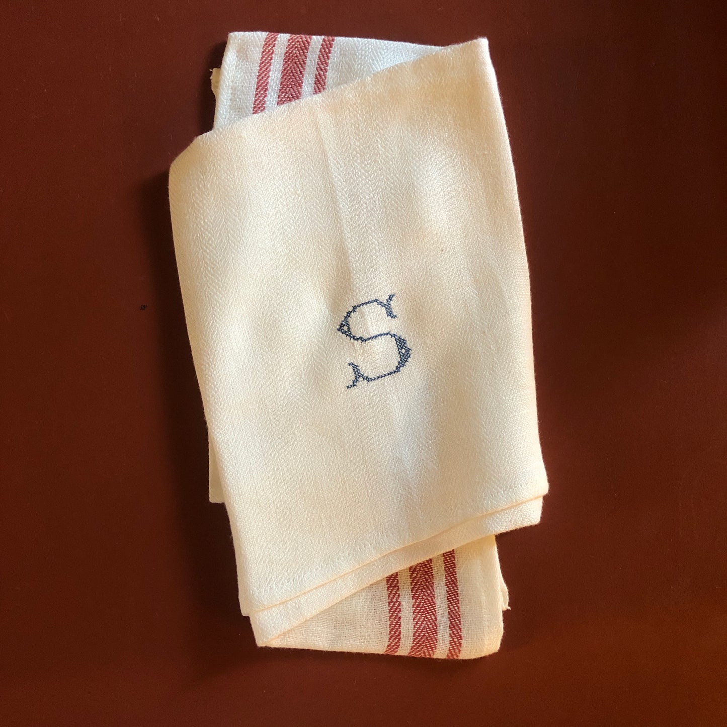 French Red Stripe Kitchen Towel With "S" Embroidery in Prussian Blue Cross Stitch