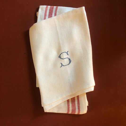 French Red Stripe Kitchen Towel With "S" Embroidery in Prussian Blue Cross Stitch