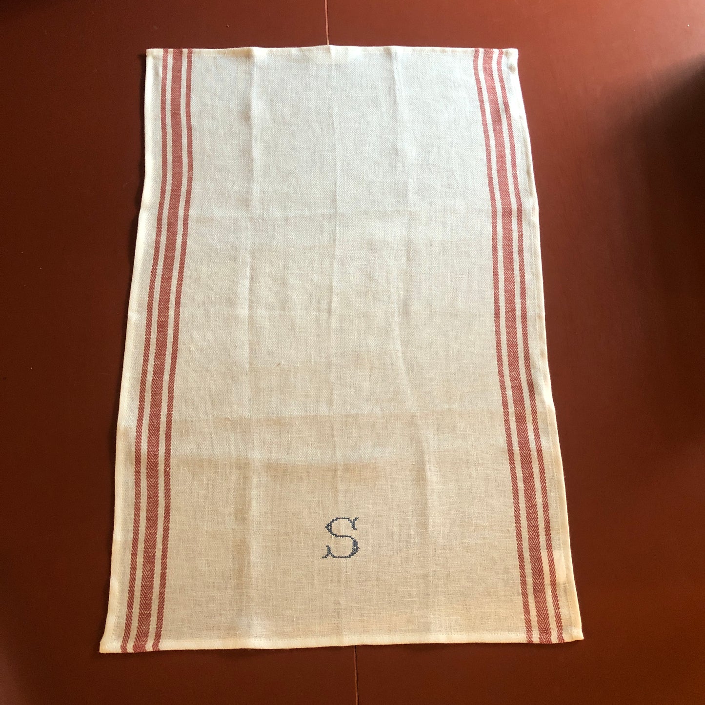 French Red Stripe Kitchen Towel With "S" Embroidery in Prussian Blue Cross Stitch