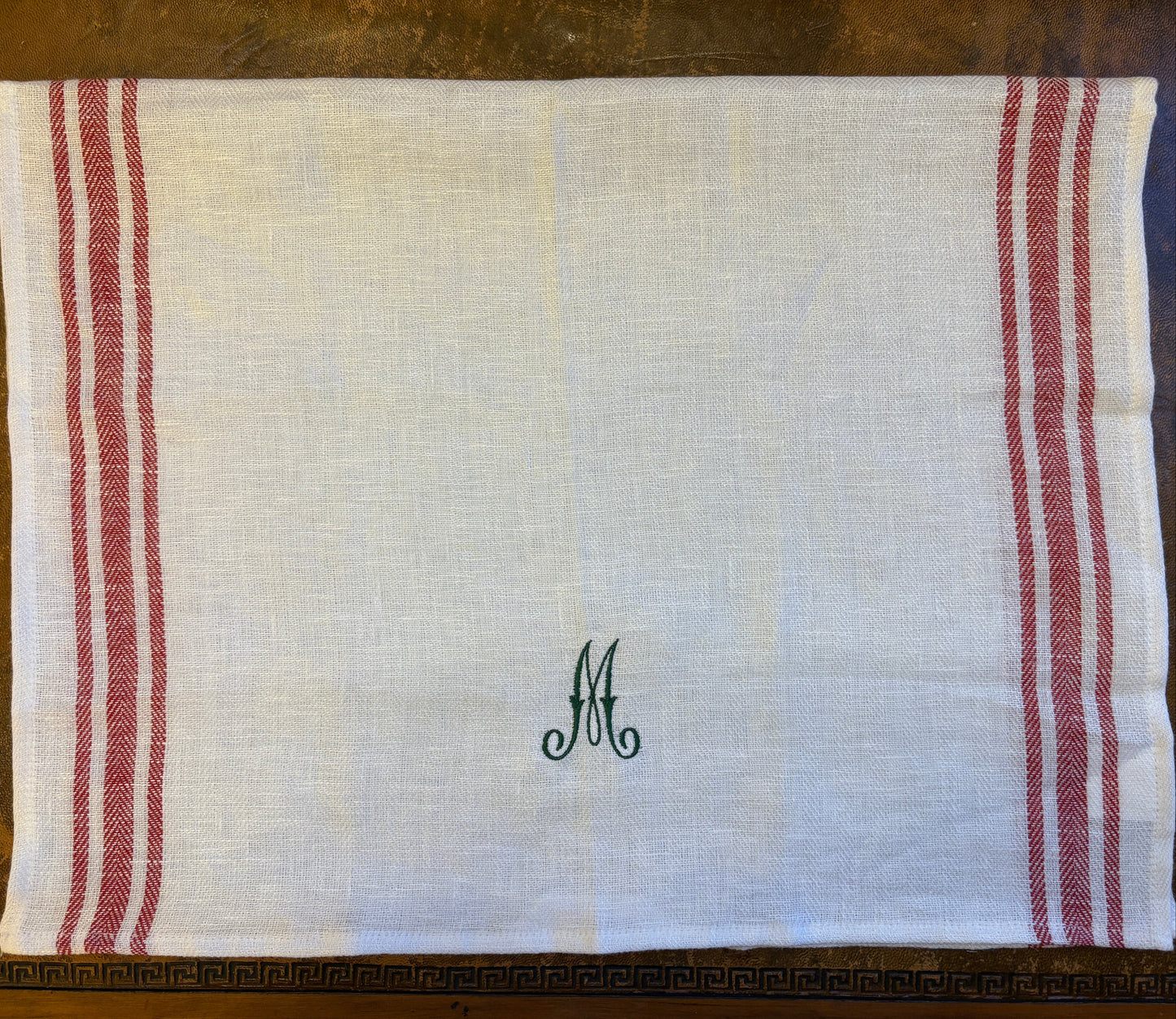 Kitchen Towel in French Red with Fern Green Antique French Initial