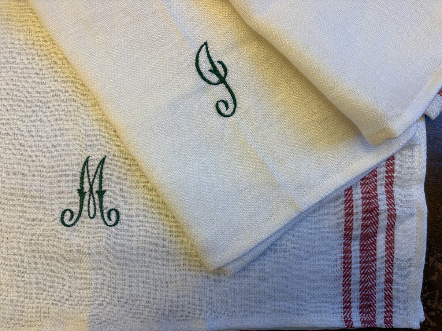 Kitchen Towel in French Red with Fern Green Antique French Initial