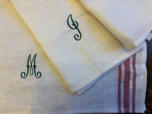 Kitchen Towel in French Red with Fern Green Antique French Initial