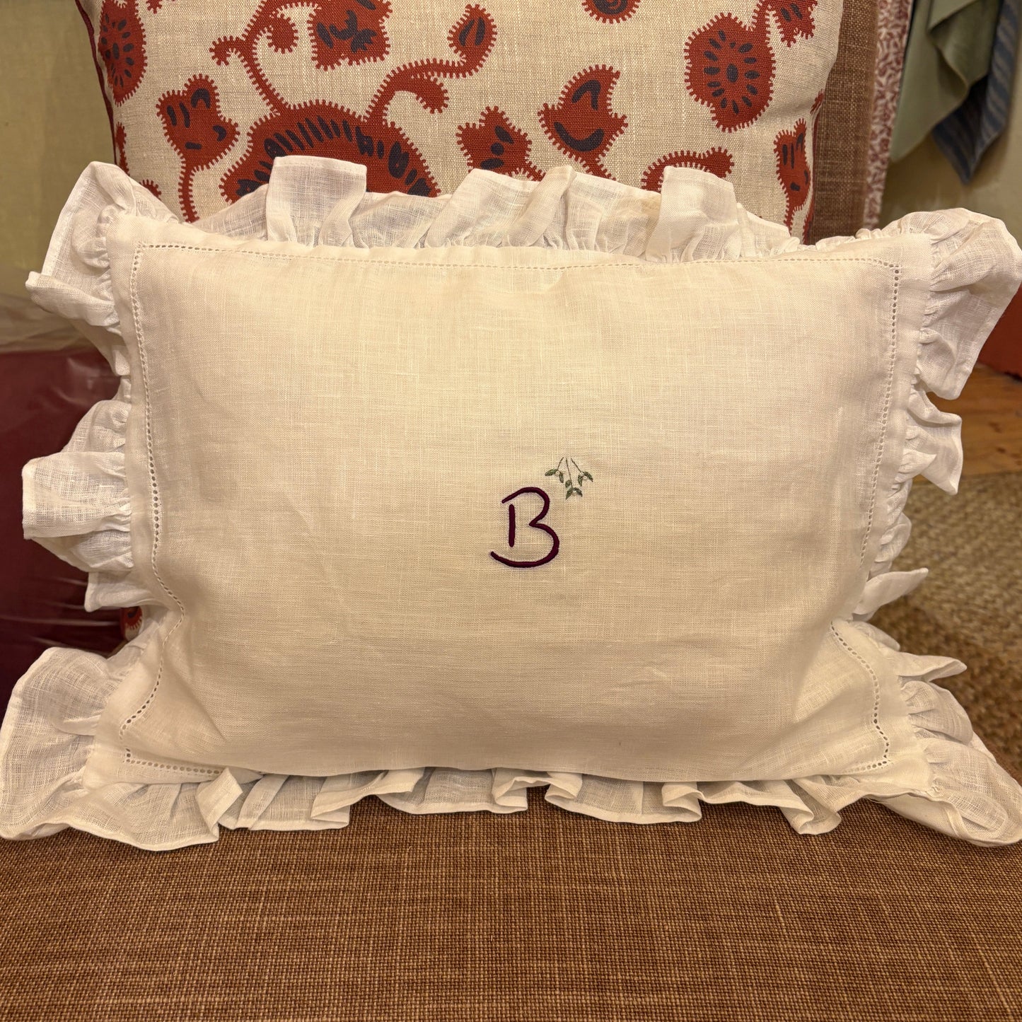Boudoir Pillow with Frill Edge and Hand Embroidery