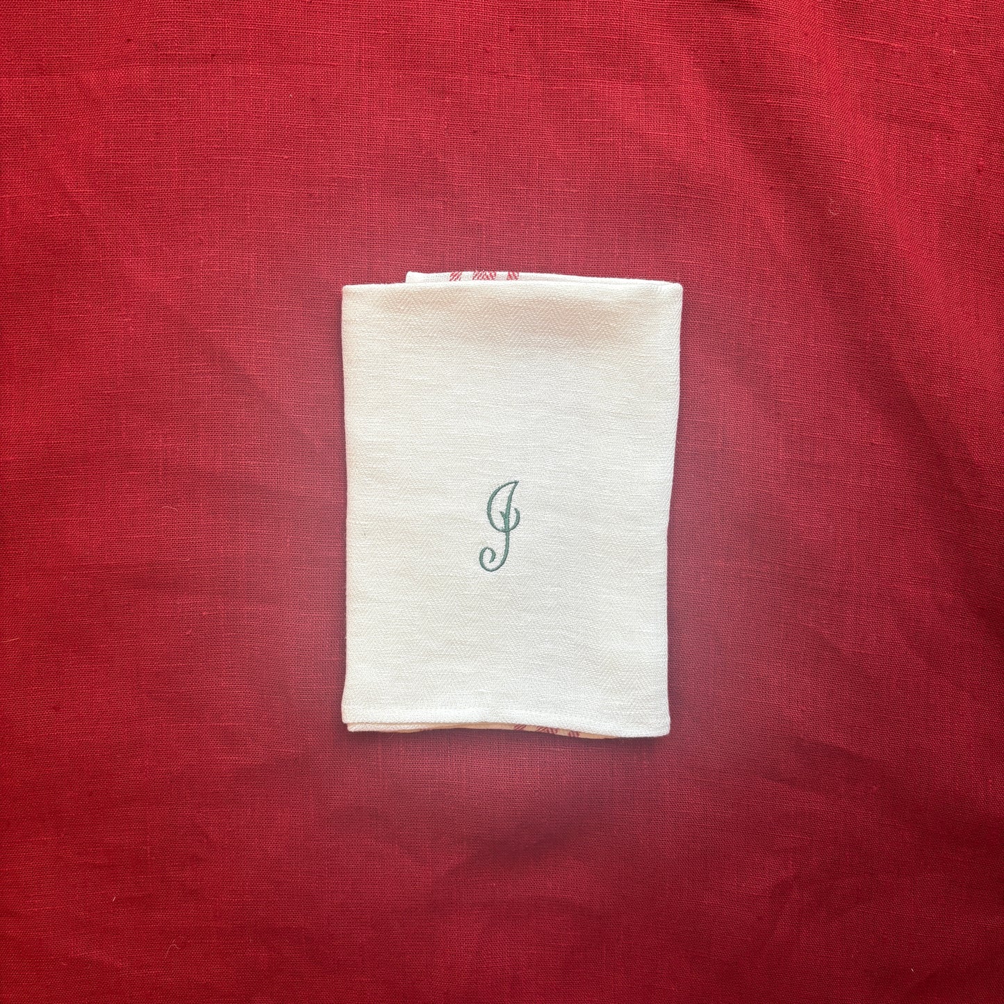 Kitchen Towel in French Red with Fern Green Antique French Initial