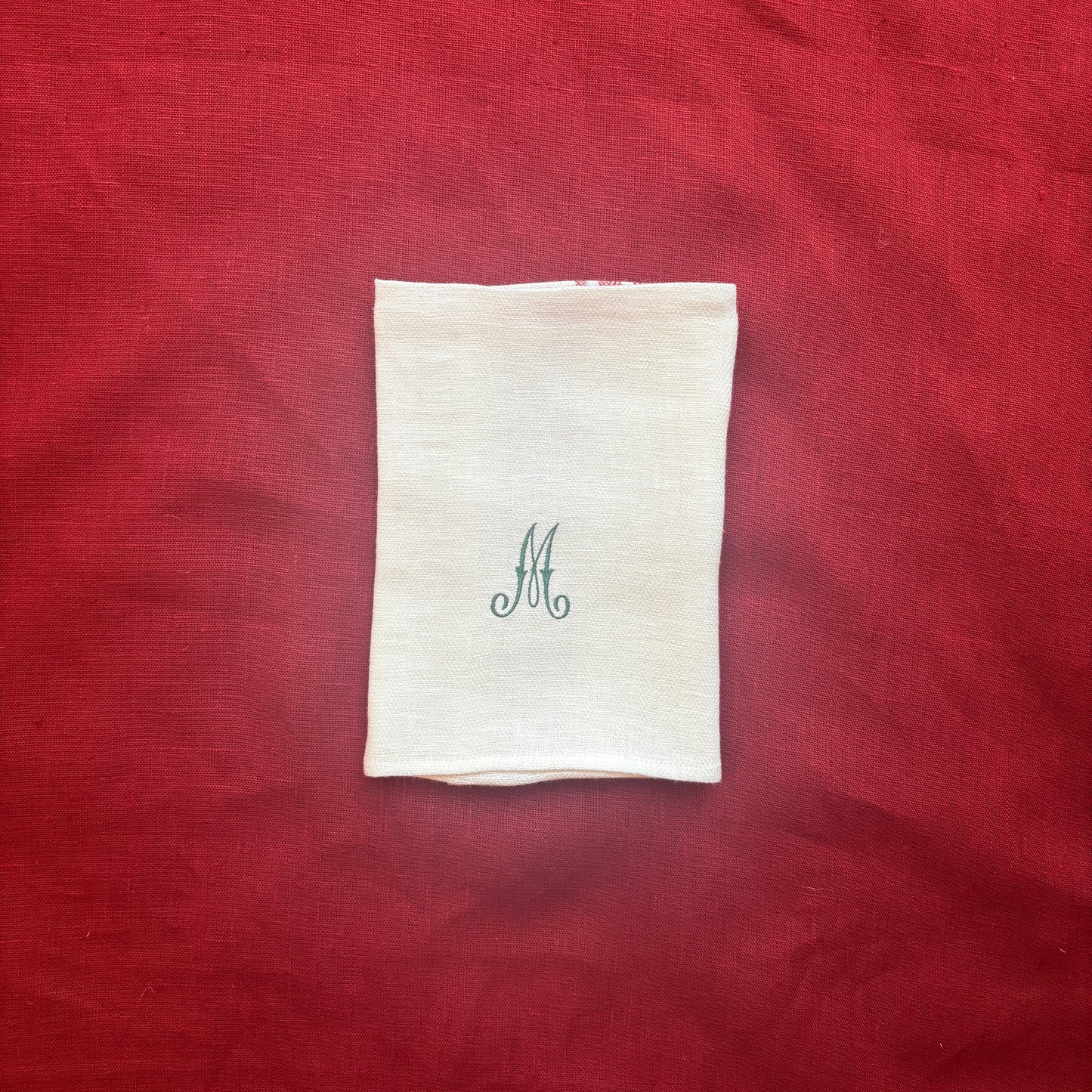 Kitchen Towel in French Red with Fern Green Antique French Initial