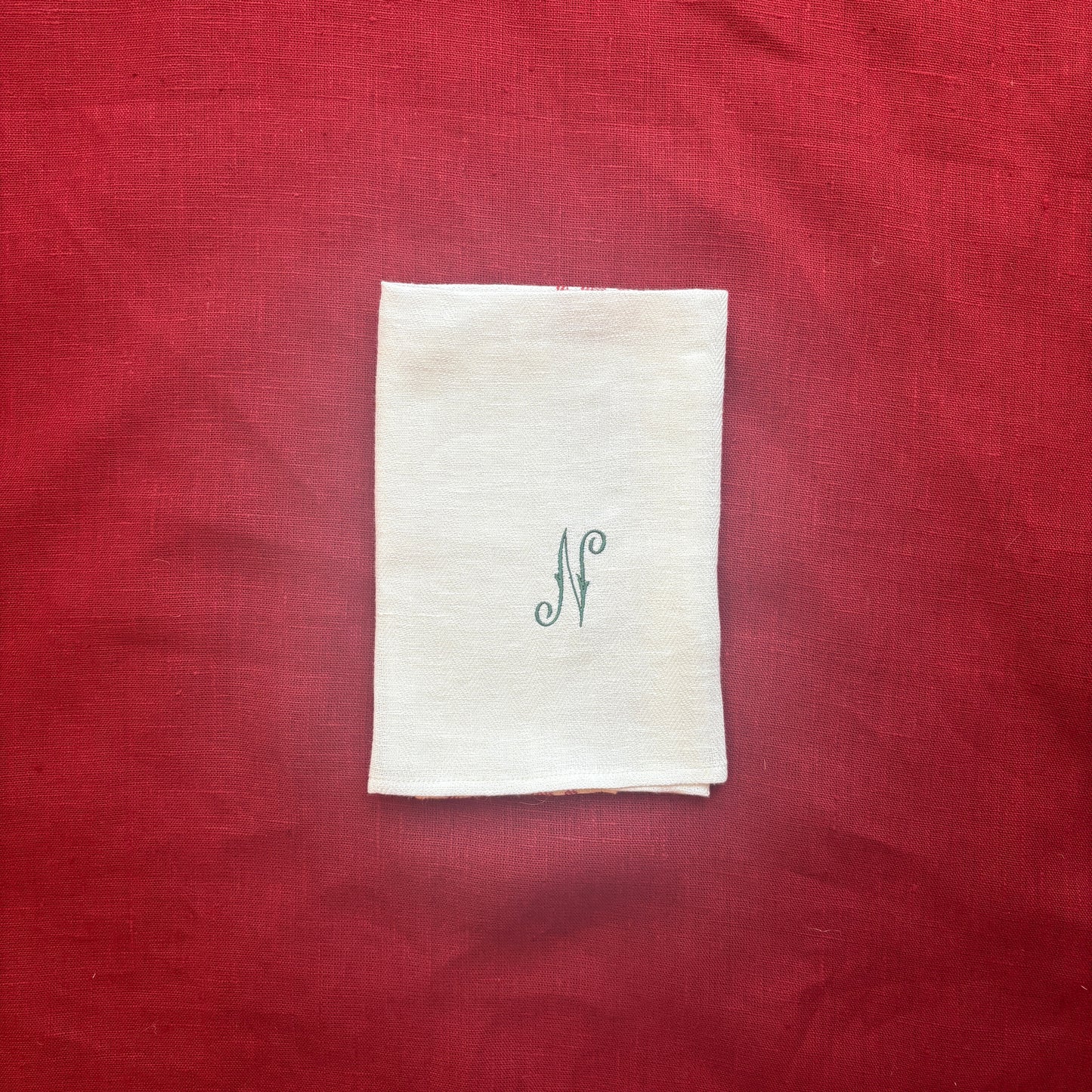 Kitchen Towel in French Red with Fern Green Antique French Initial