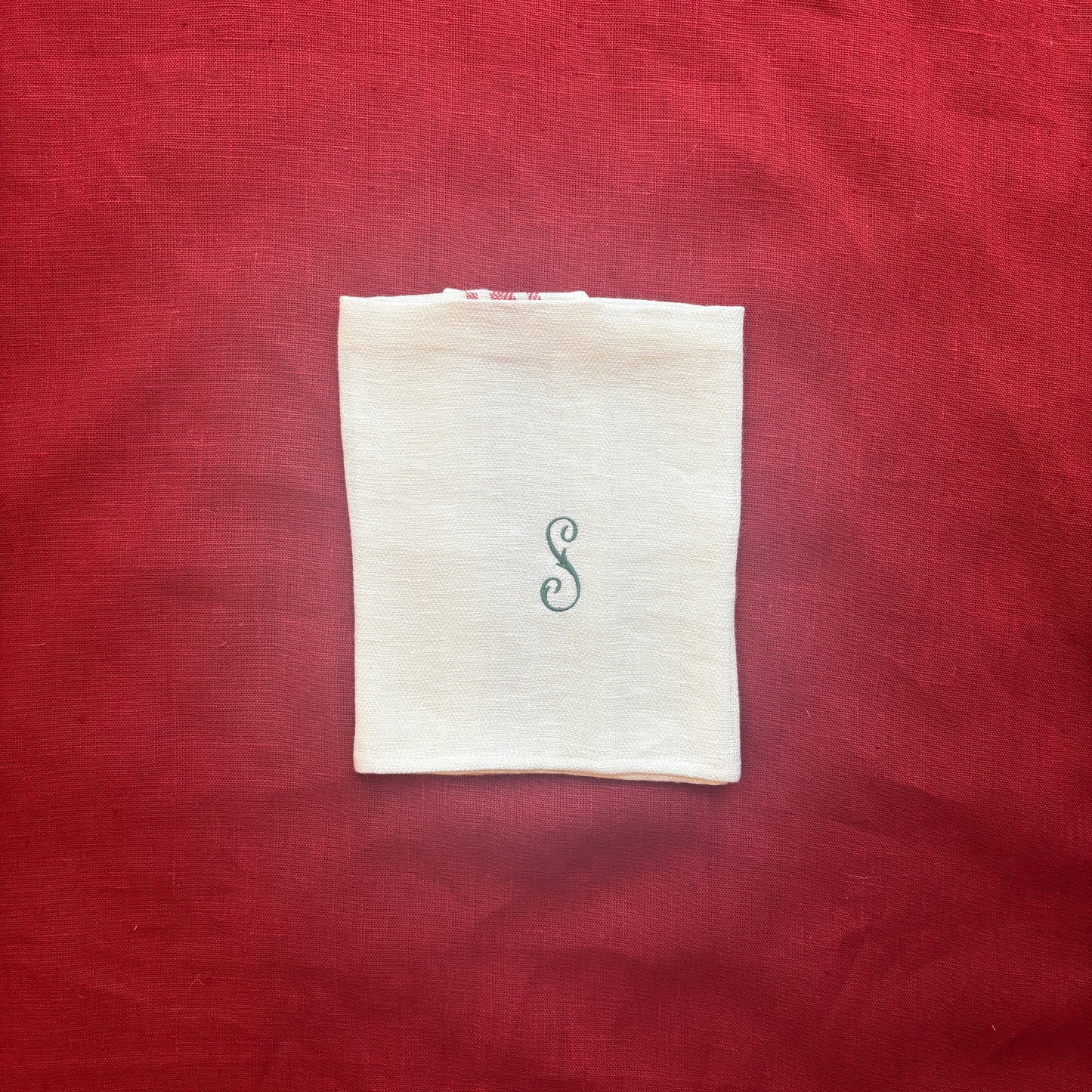 Kitchen Towel in French Red with Fern Green Antique French Initial